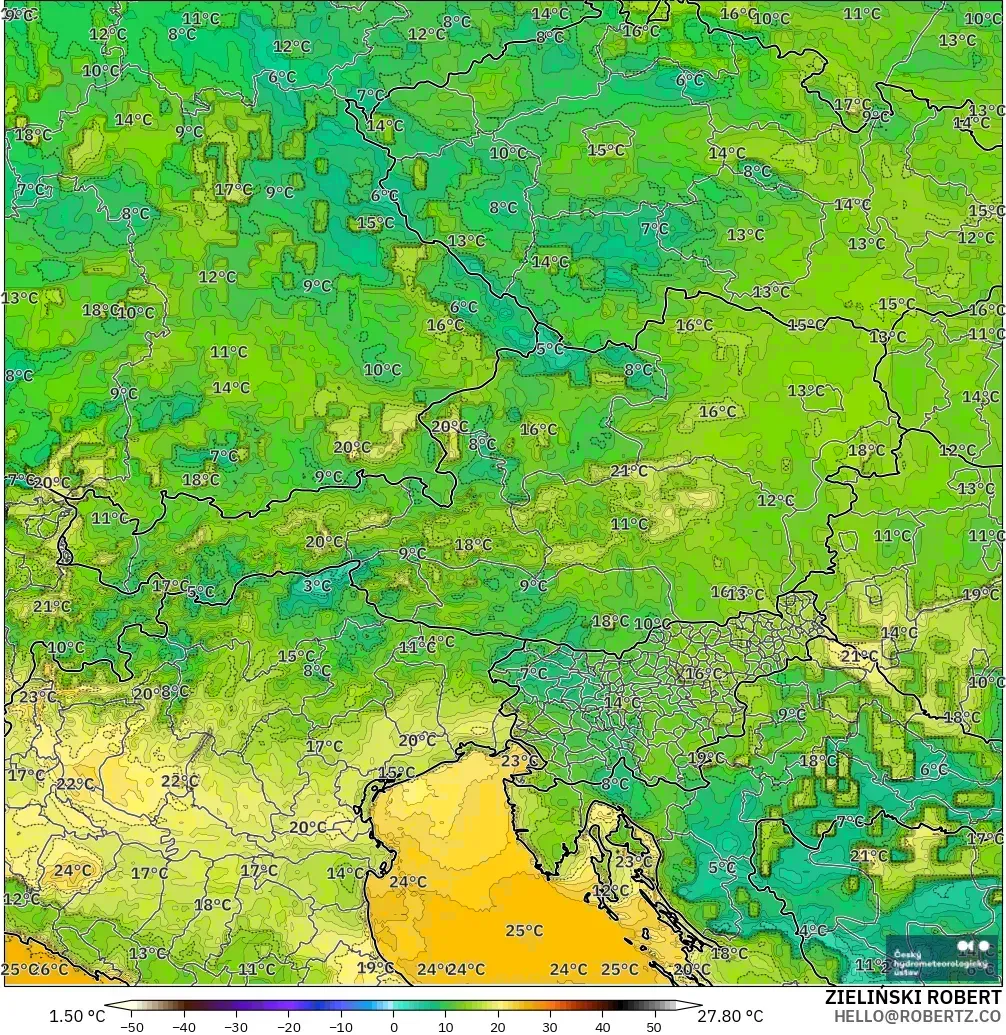 ALADIN CZ 2.3 km modelo - Austria, Punto de rocío a 2 m