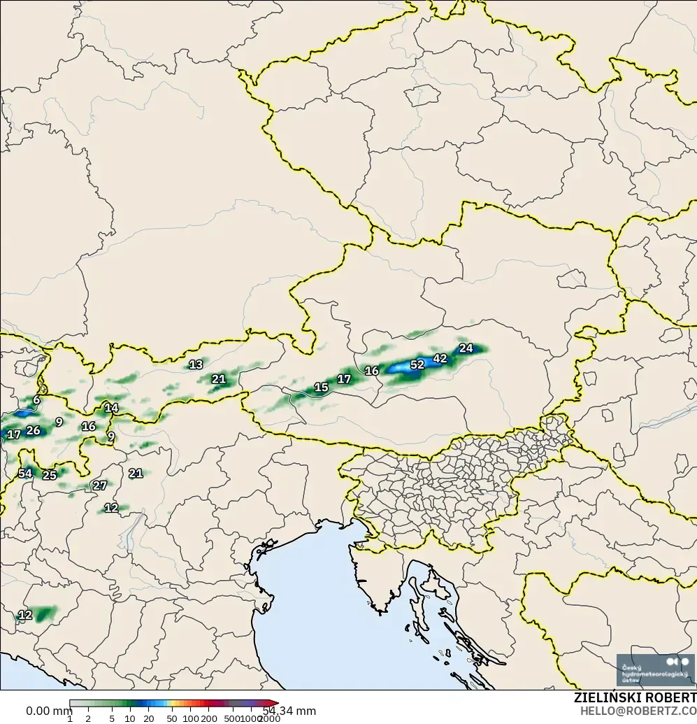 ALADIN CZ 2.3 km modelo - Austria, Acumulación de precipitación