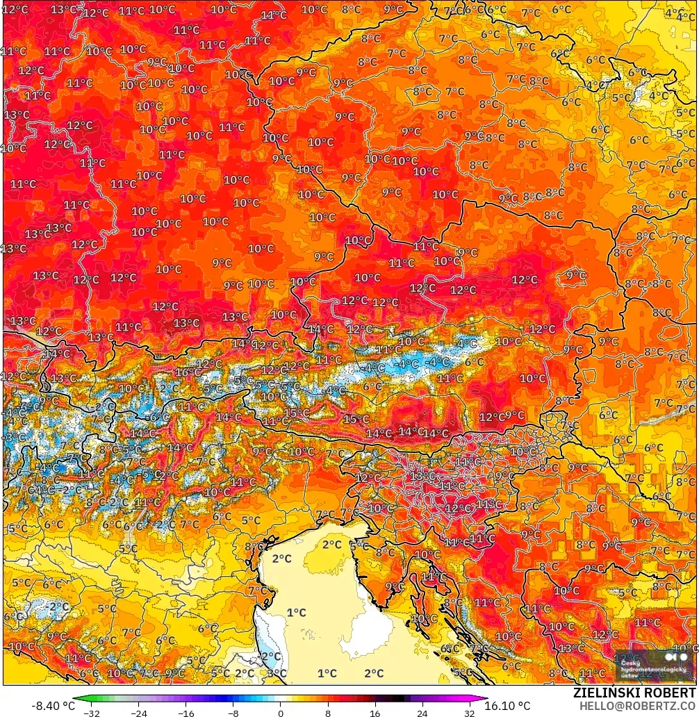 ALADIN CZ 2.3 km modelo - Austria, Anomalía de temperatura a 2 m