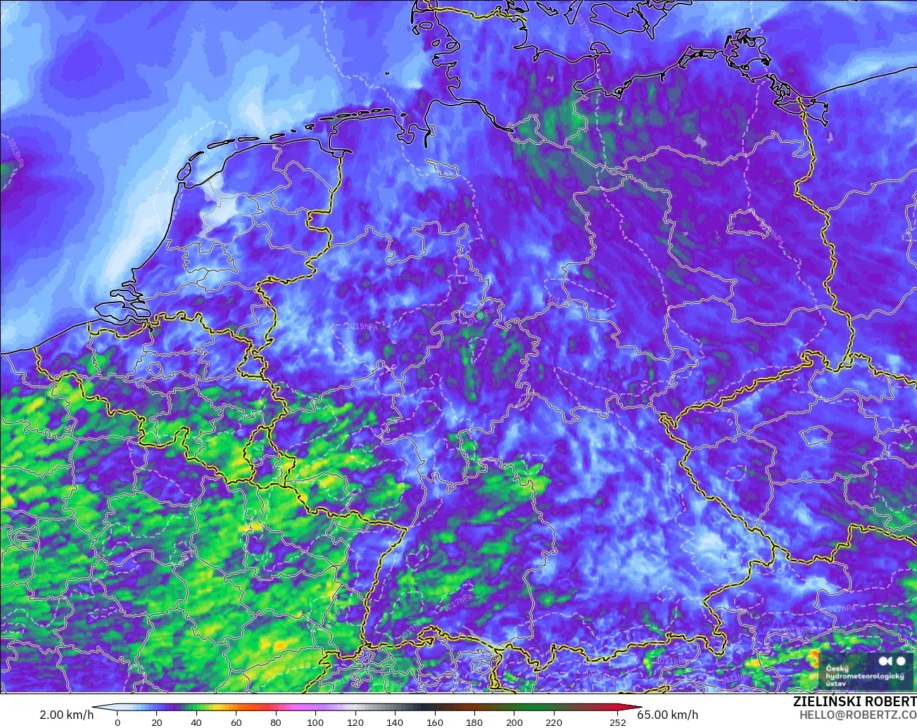 ALADIN CZ 2.3 km modelo - Alemania, Ráfagas de Viento Máximas