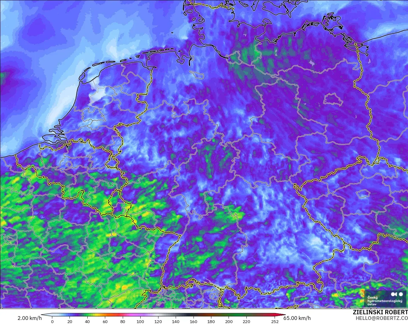 ALADIN CZ 2.3 km modelo - Alemania, Ráfagas de viento