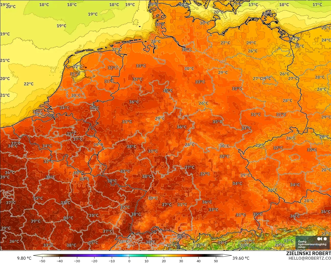 ALADIN CZ 2.3 km modelo - Alemania, Temperatura a 2 m