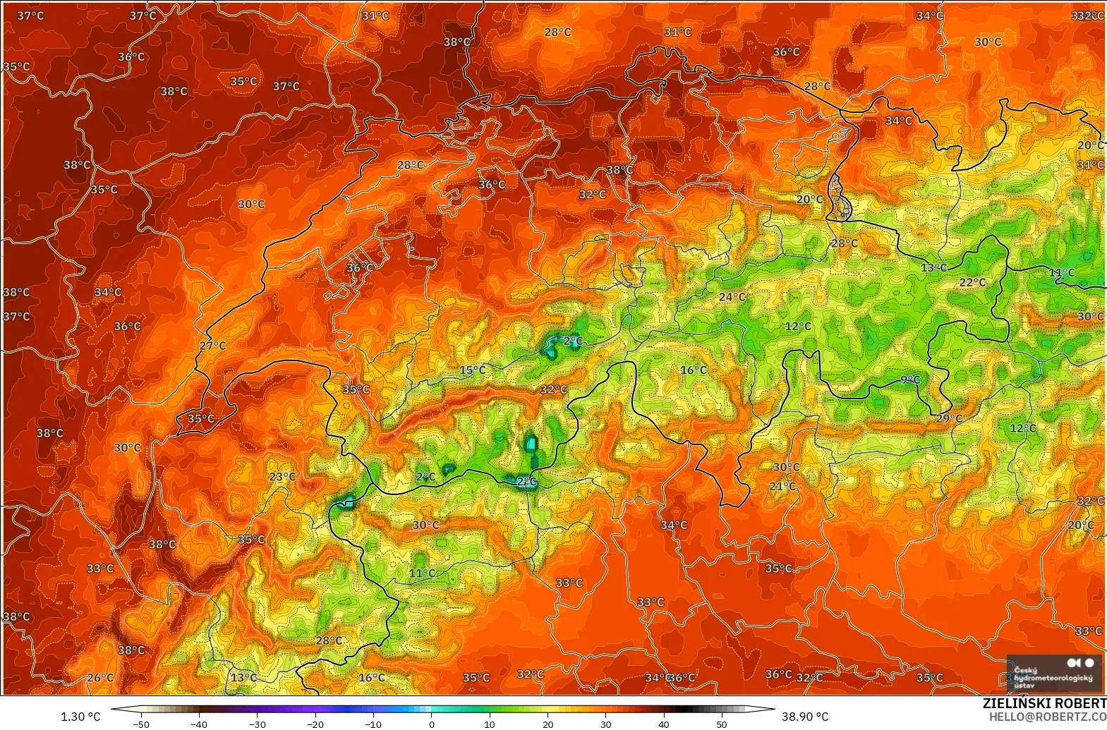 ALADIN CZ 2.3 km modelo - Suiza, Temperatura a 2 m