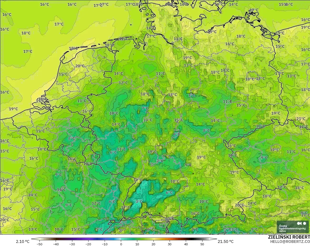 ALADIN CZ 2.3 km modelo - Alemania, Punto de rocío a 2 m