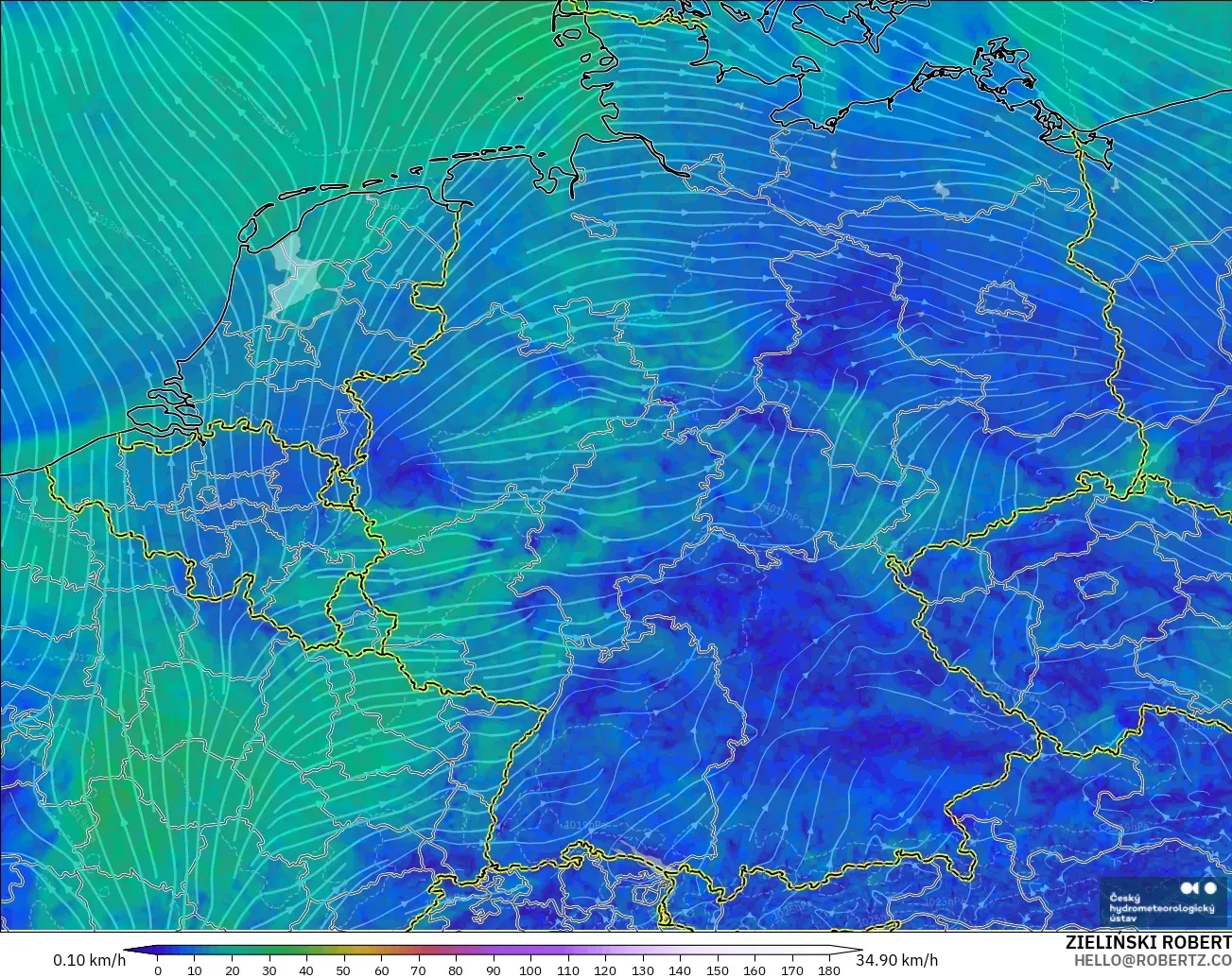 ALADIN CZ 2.3 km modelo - Alemania, Viento a 10 m
