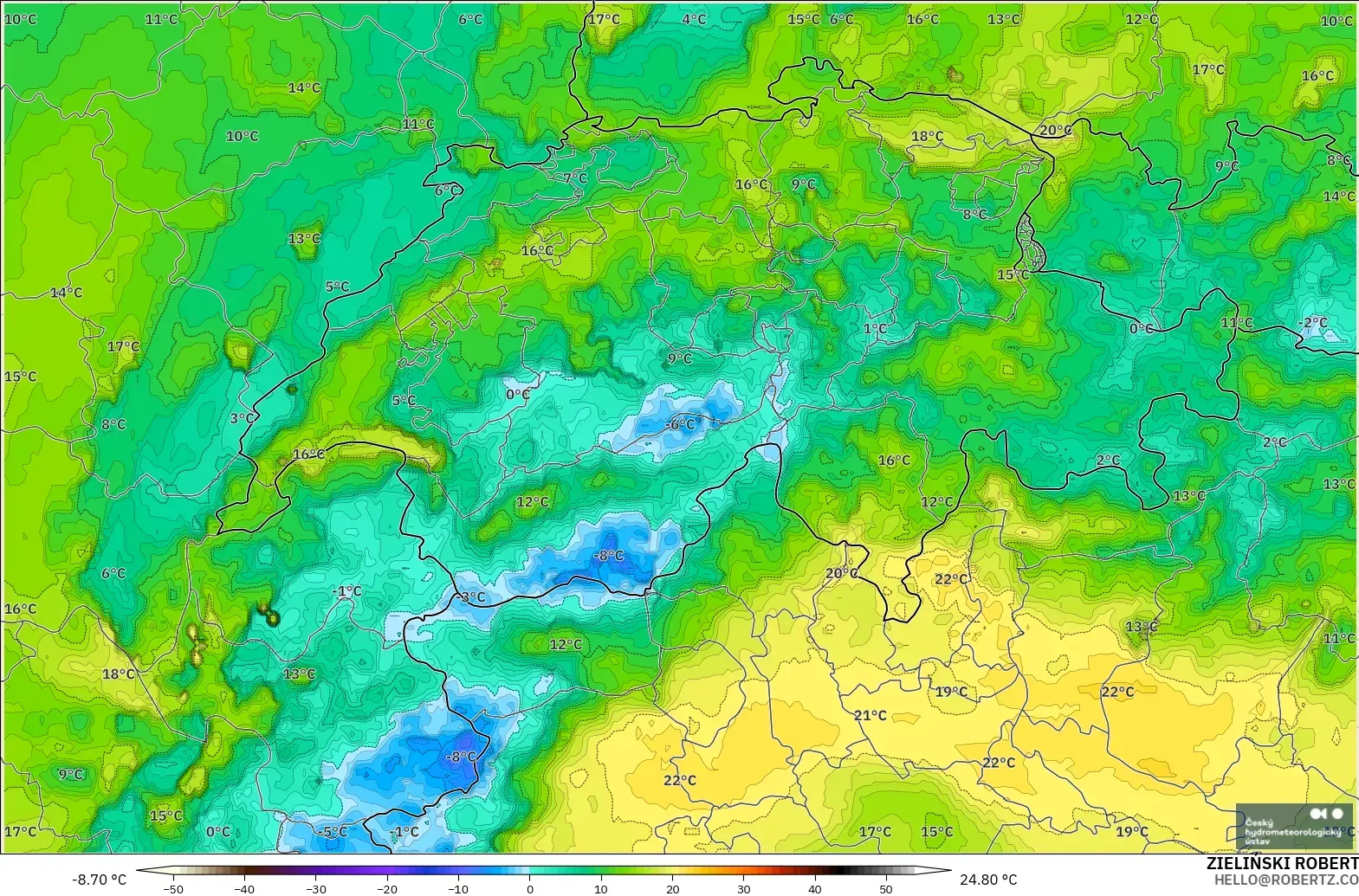 ALADIN CZ 2.3 km modelo - Suiza, Punto de rocío a 2 m