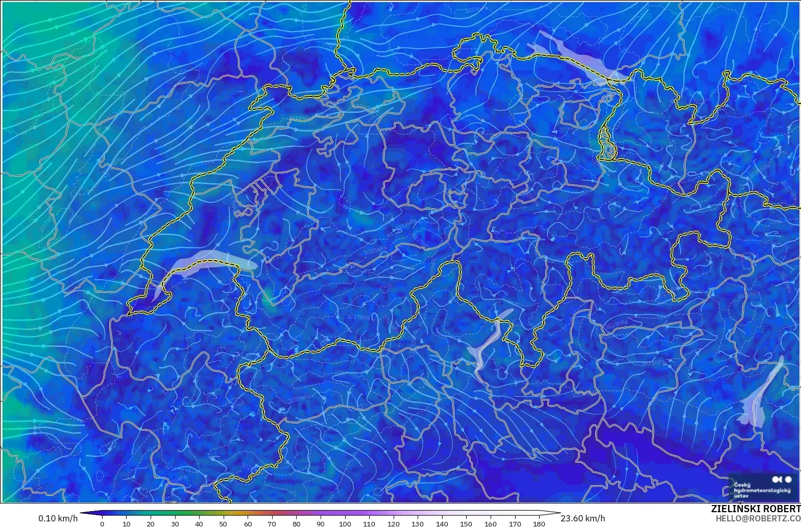 ALADIN CZ 2.3 km modelo - Suiza, Viento a 10 m