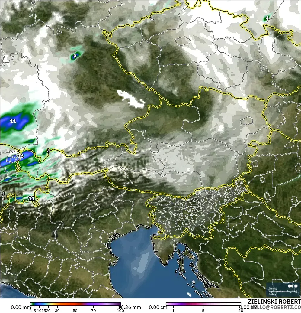 ALADIN CZ 2.3 km modelo - Austria, Precipitación, nubes y presión