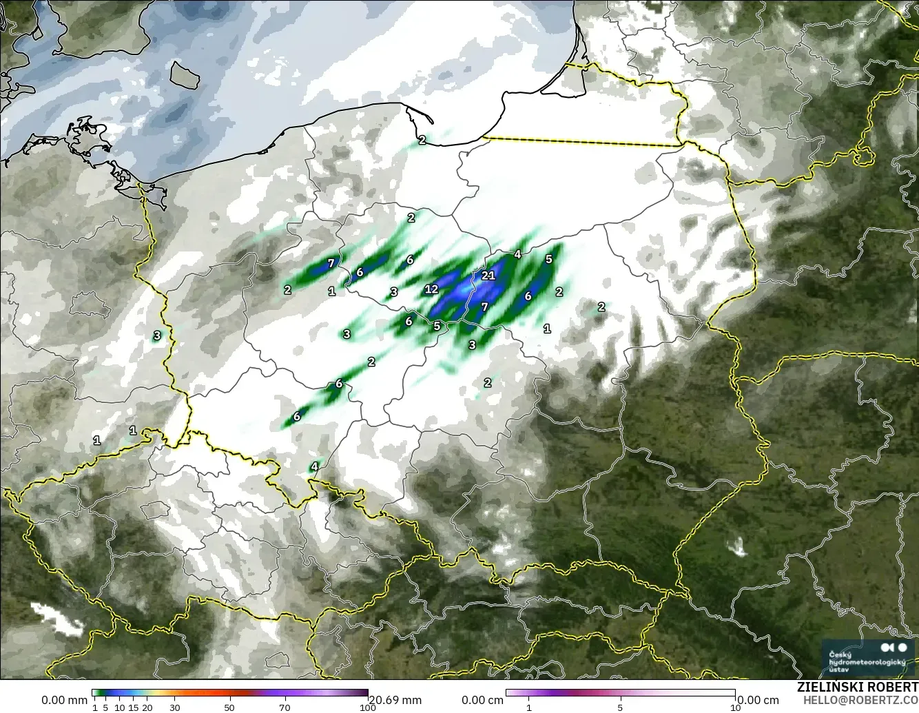 ALADIN CZ 2.3 km modelo - Polonia, Precipitación, nubes y presión