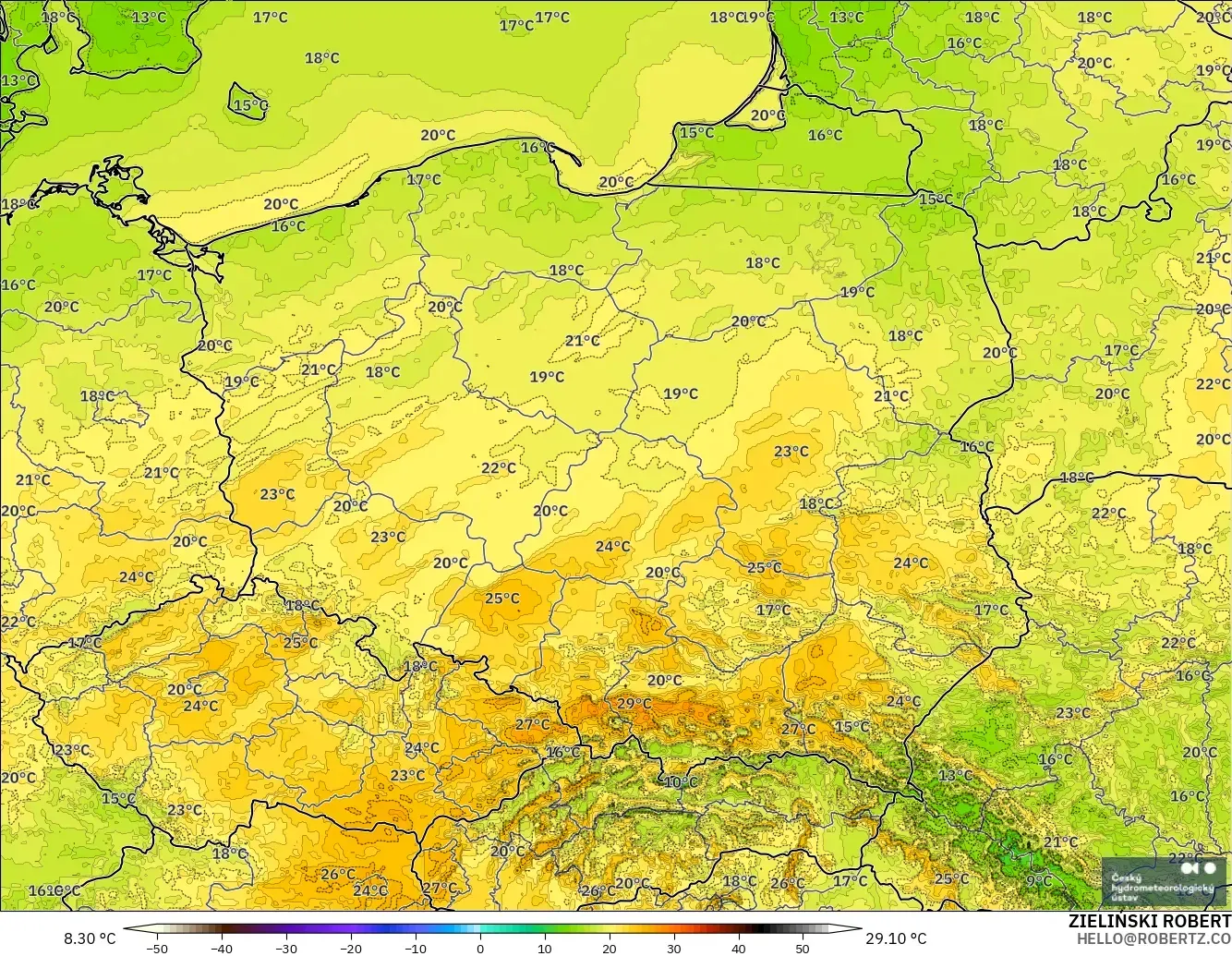 ALADIN CZ 2.3 km modelo - Polonia, Temperatura a 2 m