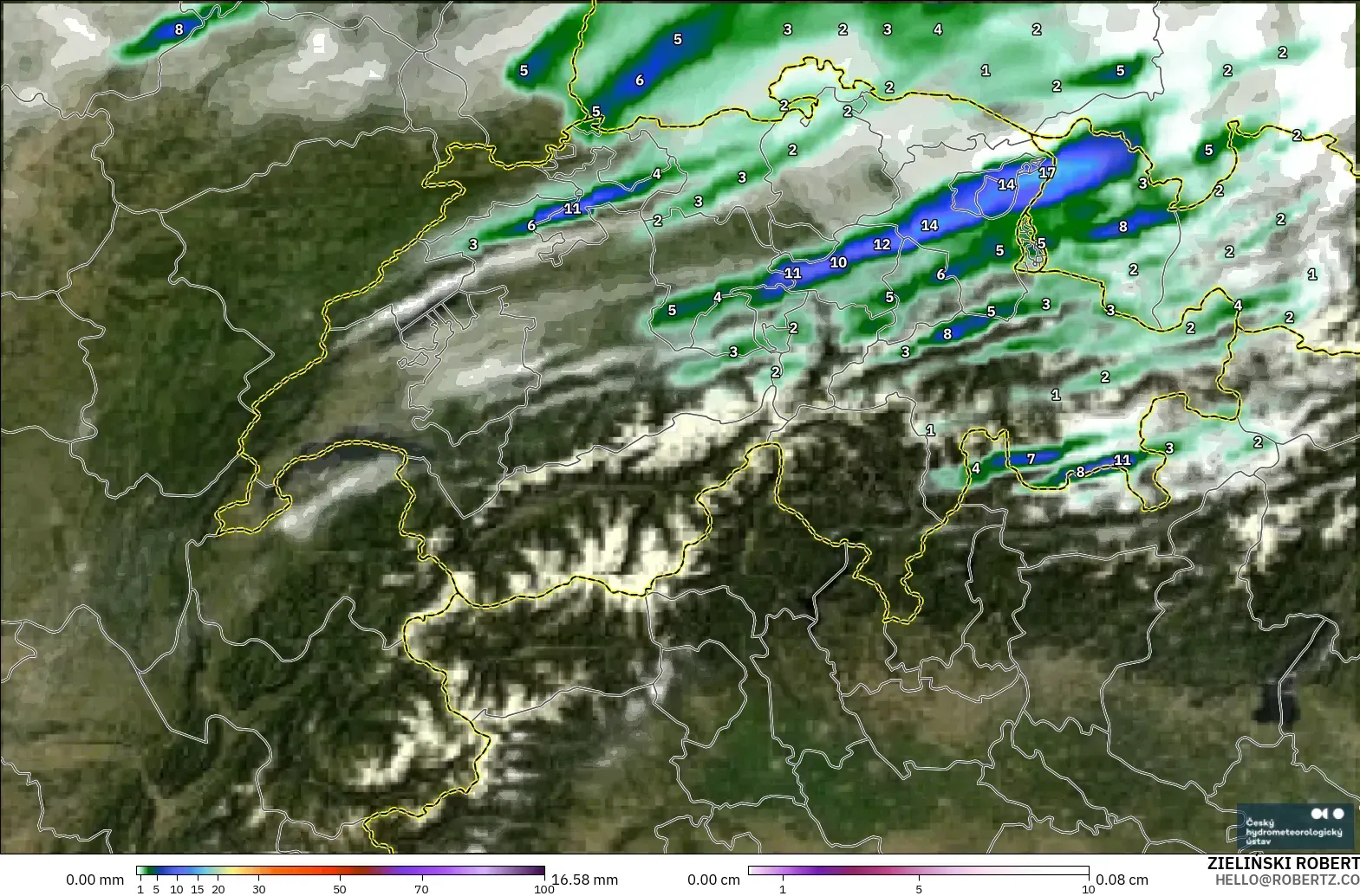 ALADIN CZ 2.3 km modelo - Suiza, Precipitación, nubes y presión