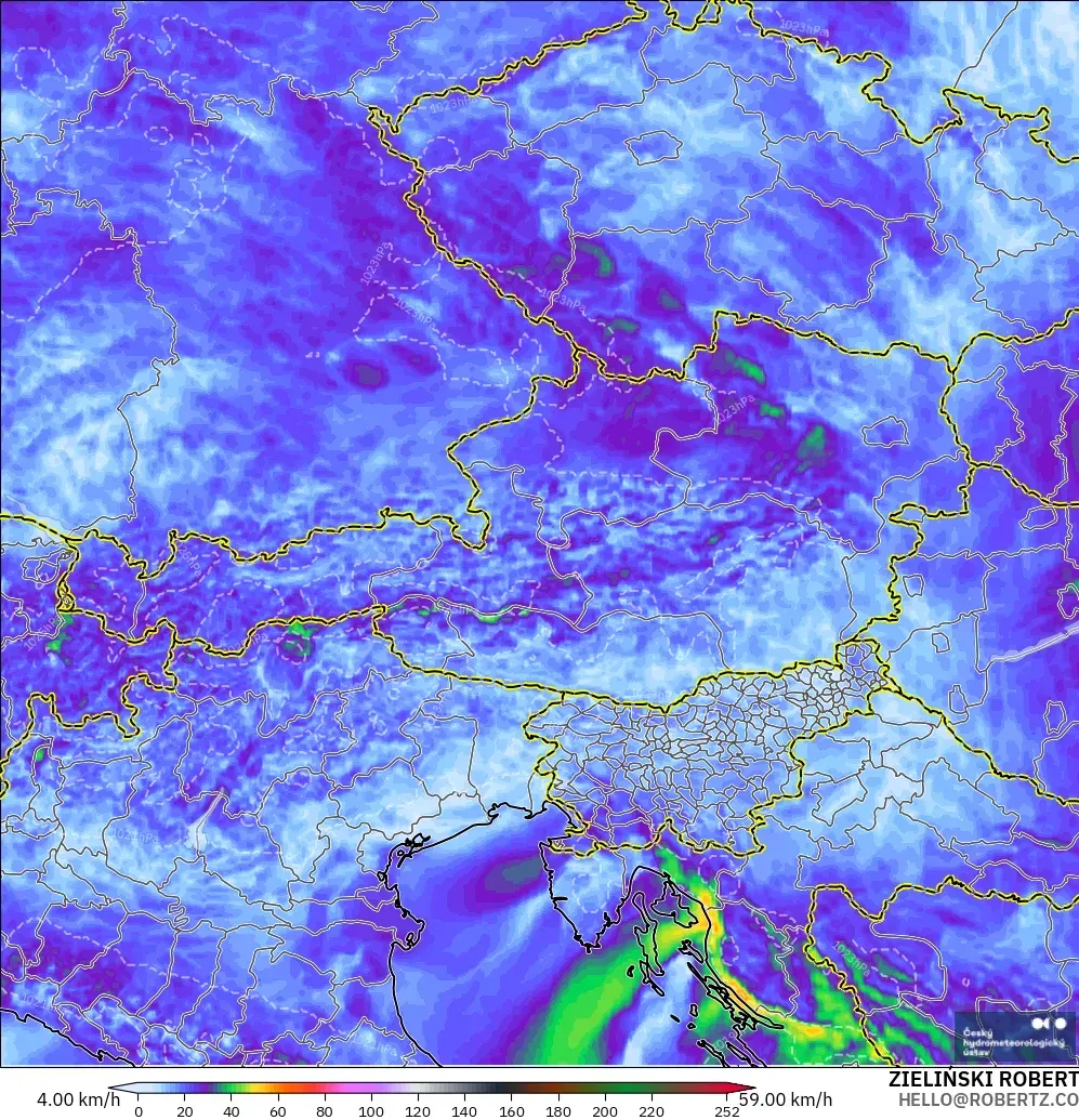 ALADIN CZ 2.3 km modelo - Austria, Ráfagas de Viento Máximas