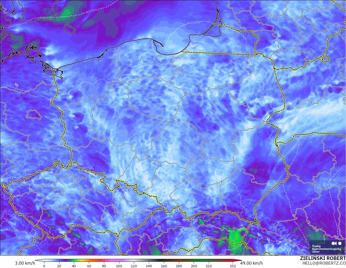 ALADIN CZ 2.3 km modelo - Polonia, Ráfagas de Viento Máximas