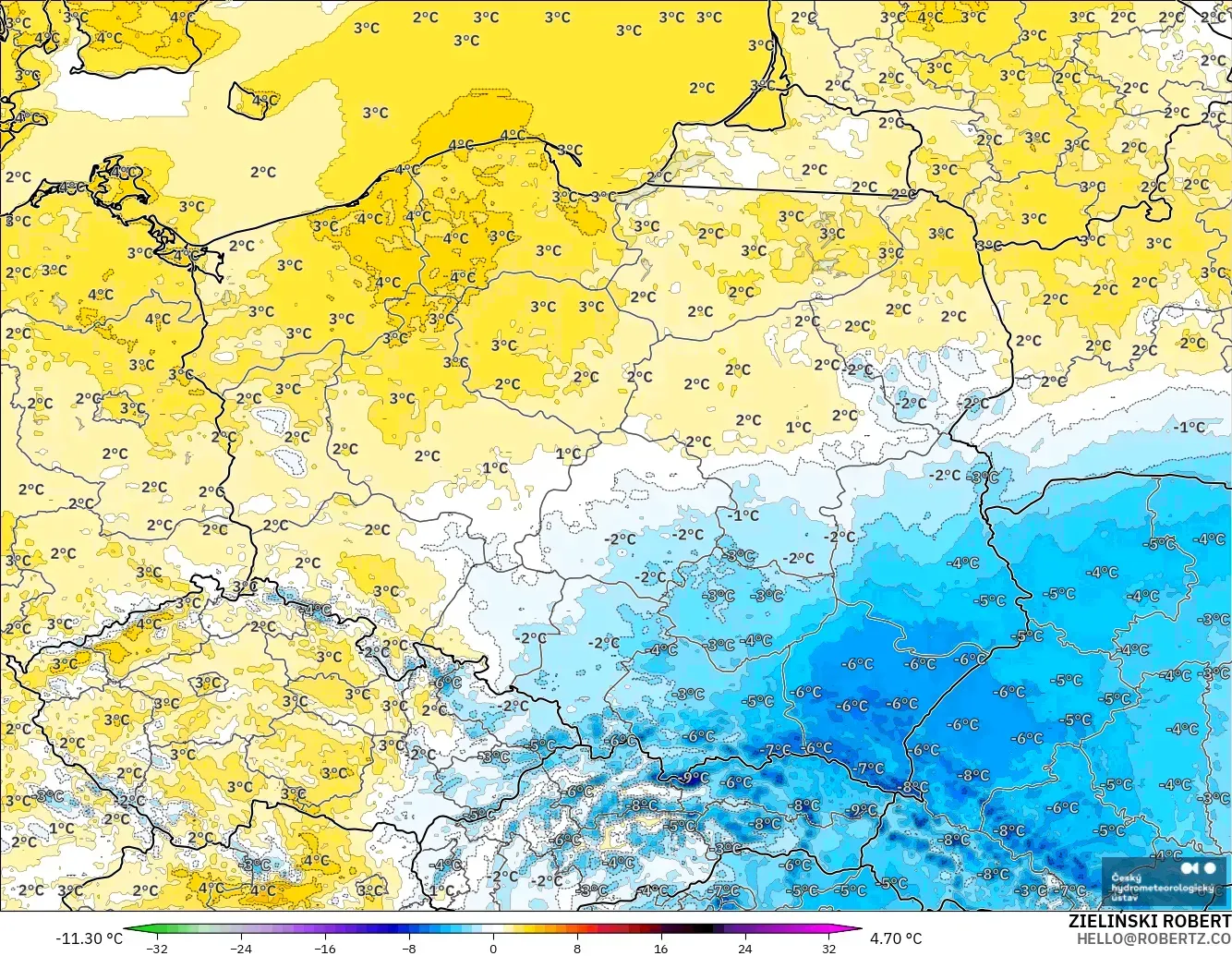 ALADIN CZ 2.3 km modelo - Polonia, Anomalía de temperatura a 2 m