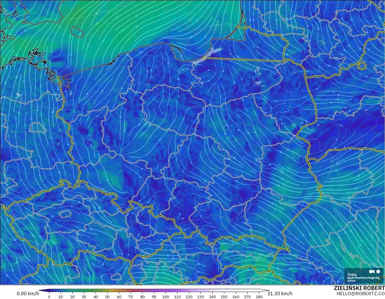 ALADIN CZ 2.3 km modelo - Polonia, Viento a 10 m