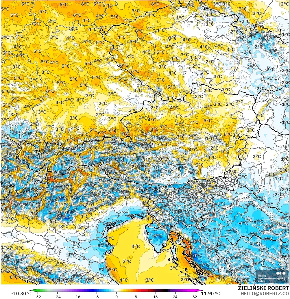 ALADIN CZ 2.3 km modelo - Austria, Anomalía de temperatura a 2 m