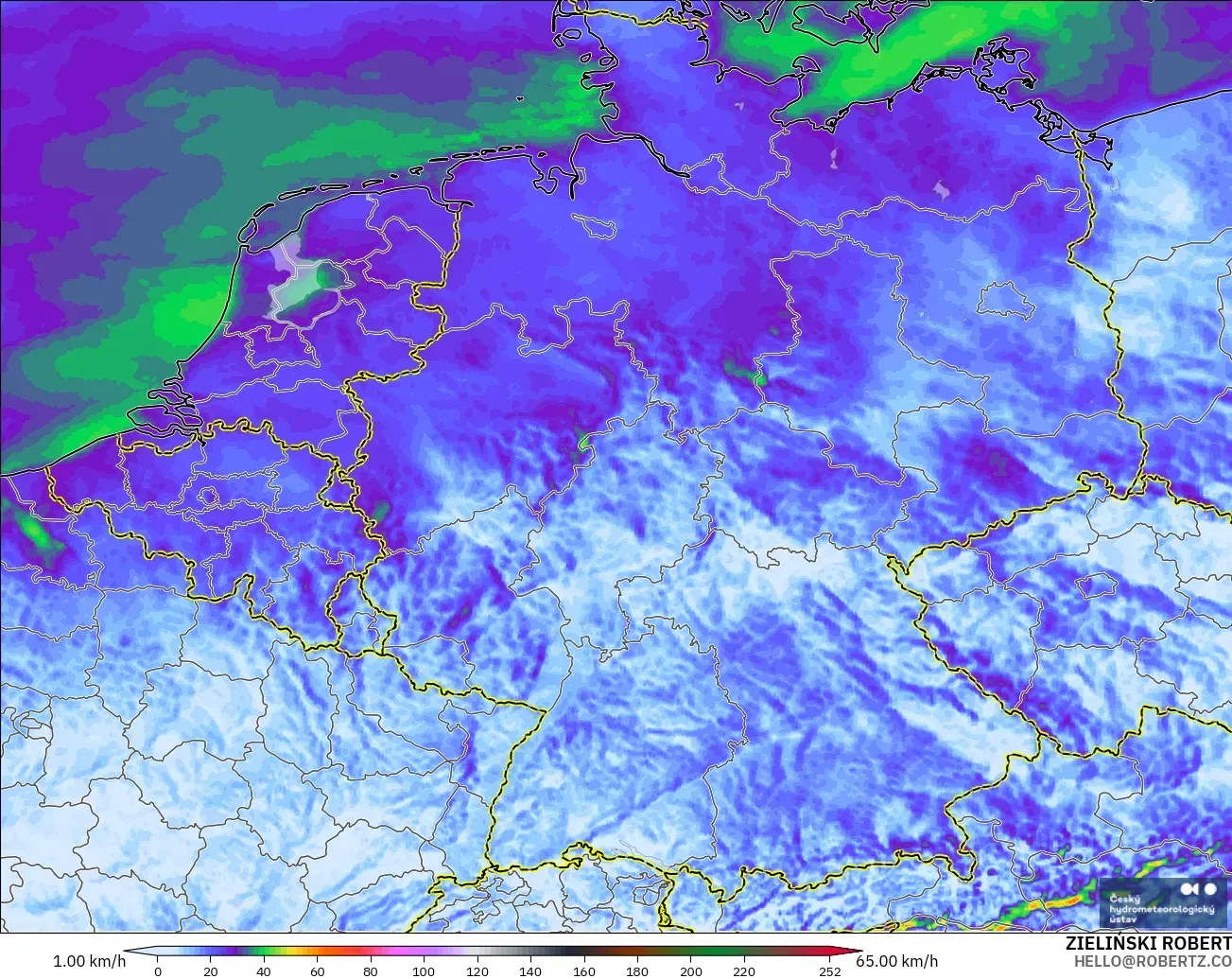 ALADIN CZ 2.3 km modelo - Alemania, Ráfagas de viento