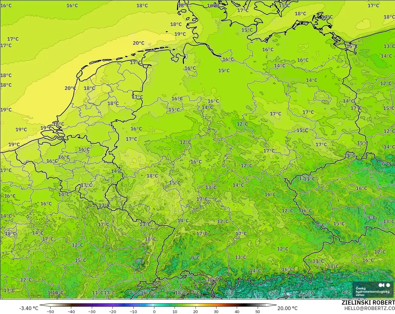 ALADIN CZ 2.3 km modelo - Alemania, Temperatura a 2 m