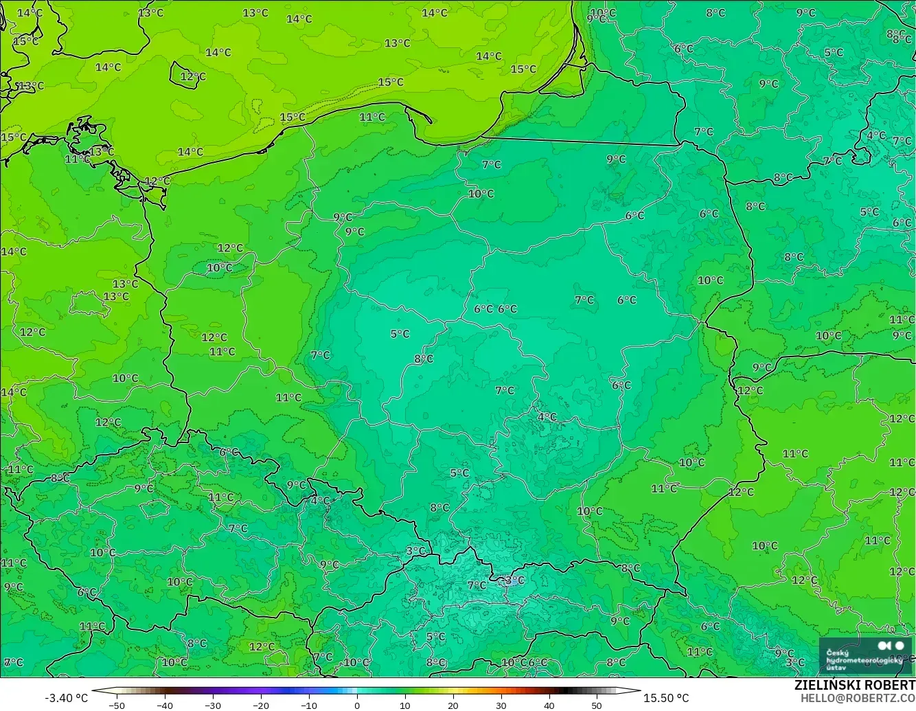 ALADIN CZ 2.3 km modelo - Polonia, Punto de rocío a 2 m