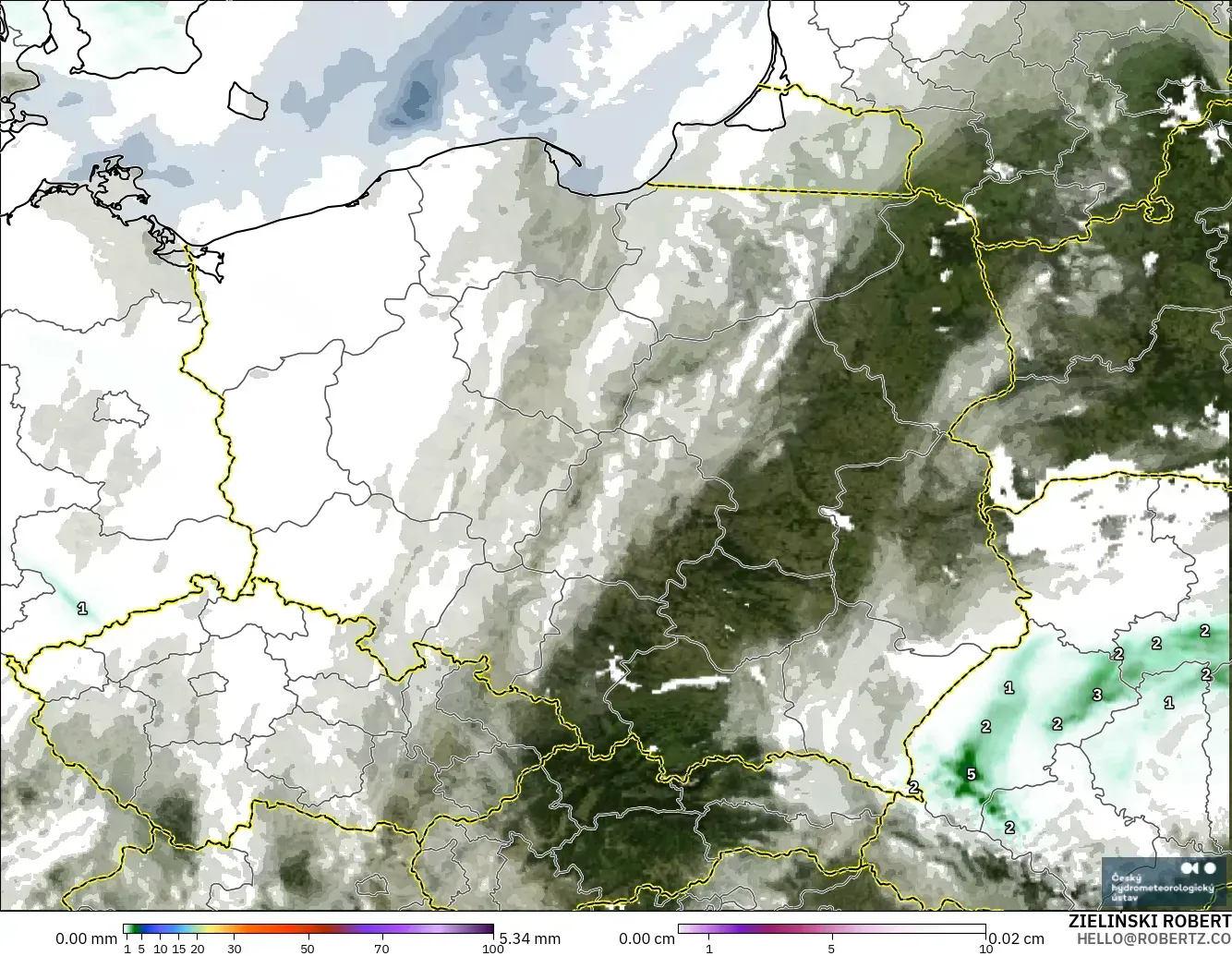 ALADIN CZ 2.3 km modelo - Polonia, Precipitación, nubes y presión