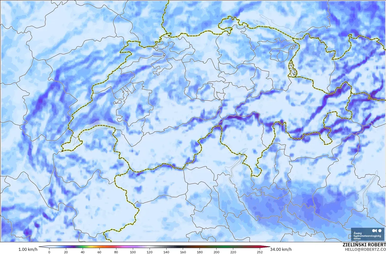 ALADIN CZ 2.3 km modelo - Suiza, Ráfagas de viento
