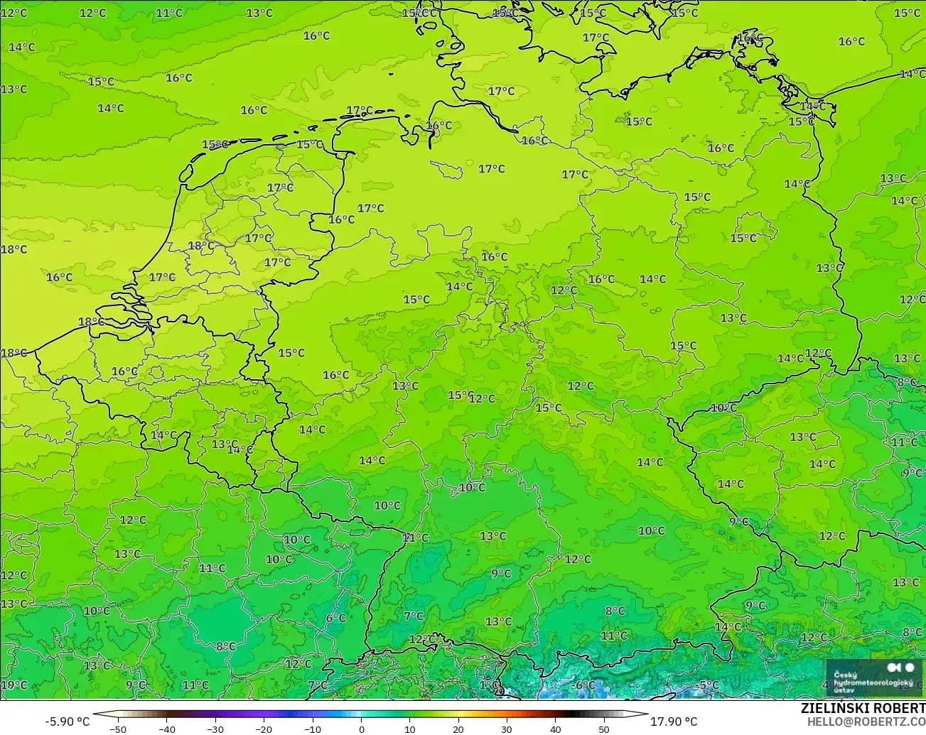 ALADIN CZ 2.3 km modelo - Alemania, Punto de rocío a 2 m
