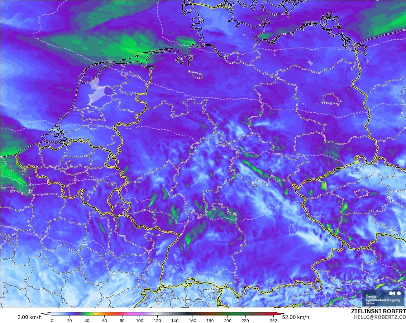 ALADIN CZ 2.3 km modelo - Alemania, Ráfagas de Viento Máximas
