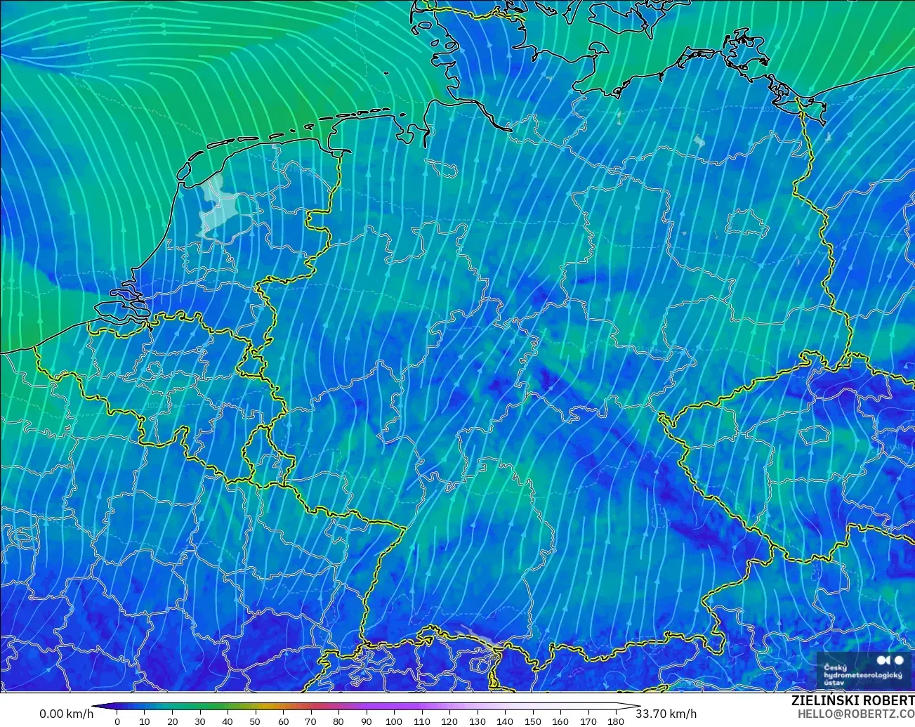 ALADIN CZ 2.3 km modelo - Alemania, Viento a 10 m
