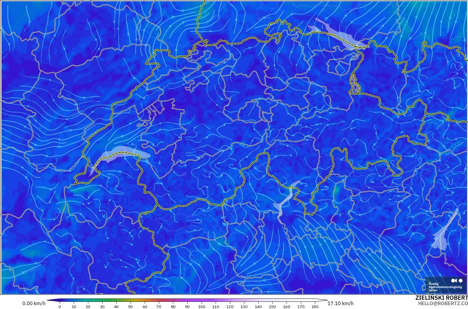 ALADIN CZ 2.3 km modelo - Suiza, Viento a 10 m