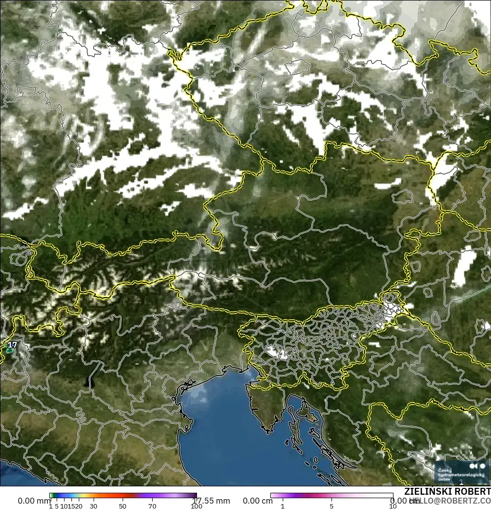 ALADIN CZ 2.3 km modelo - Austria, Precipitación, nubes y presión