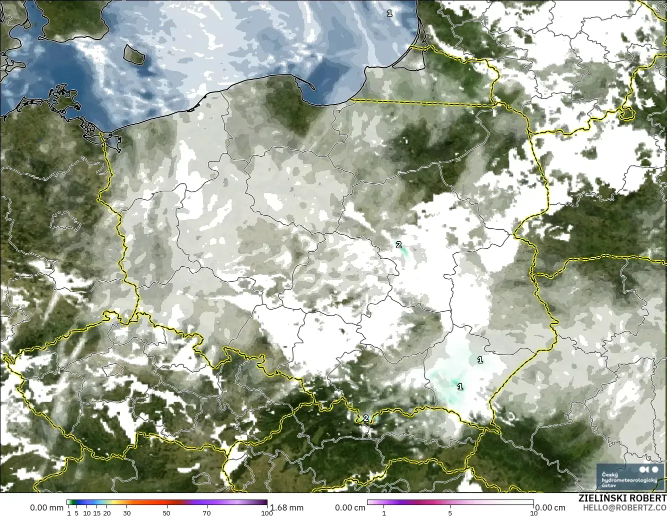 ALADIN CZ 2.3 km modelo - Polonia, Precipitación, nubes y presión