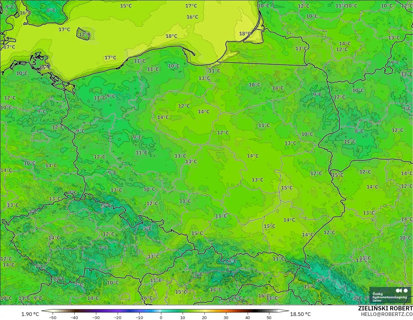 ALADIN CZ 2.3 km modelo - Polonia, Temperatura a 2 m