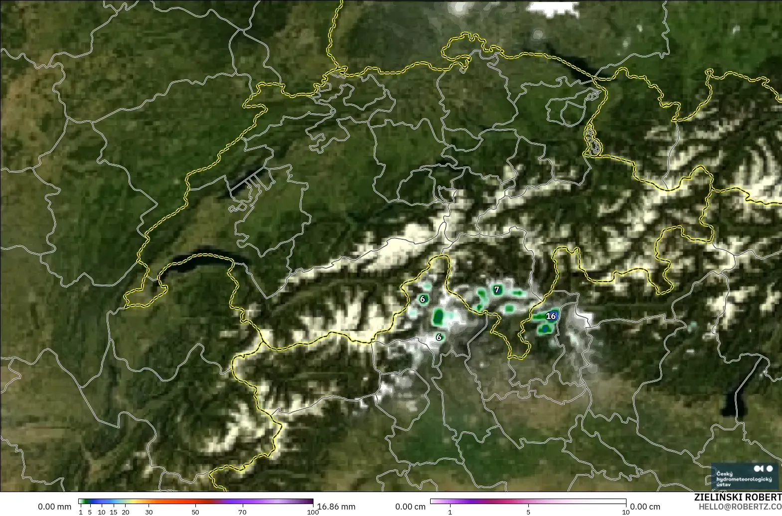 ALADIN CZ 2.3 km modelo - Suiza, Precipitación, nubes y presión