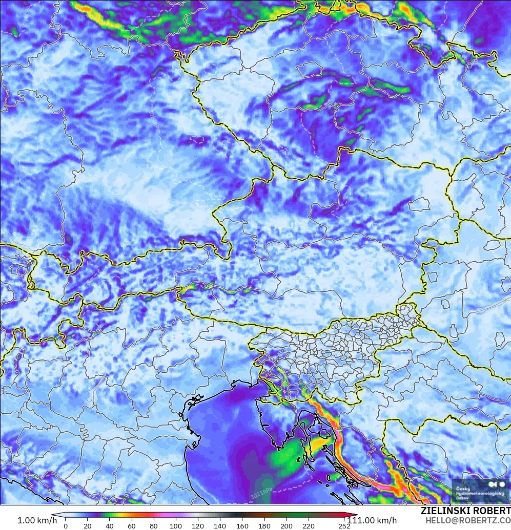 ALADIN CZ 2.3 km modelo - Austria, Ráfagas de Viento Máximas