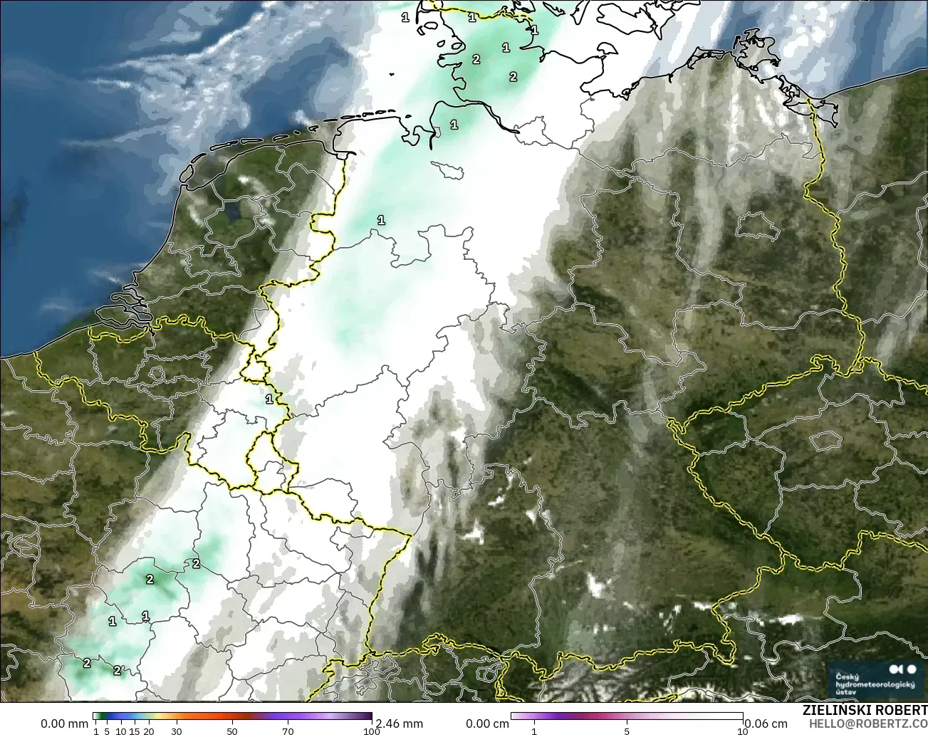 ALADIN CZ 2.3 km modelo - Alemania, Precipitación, nubes y presión
