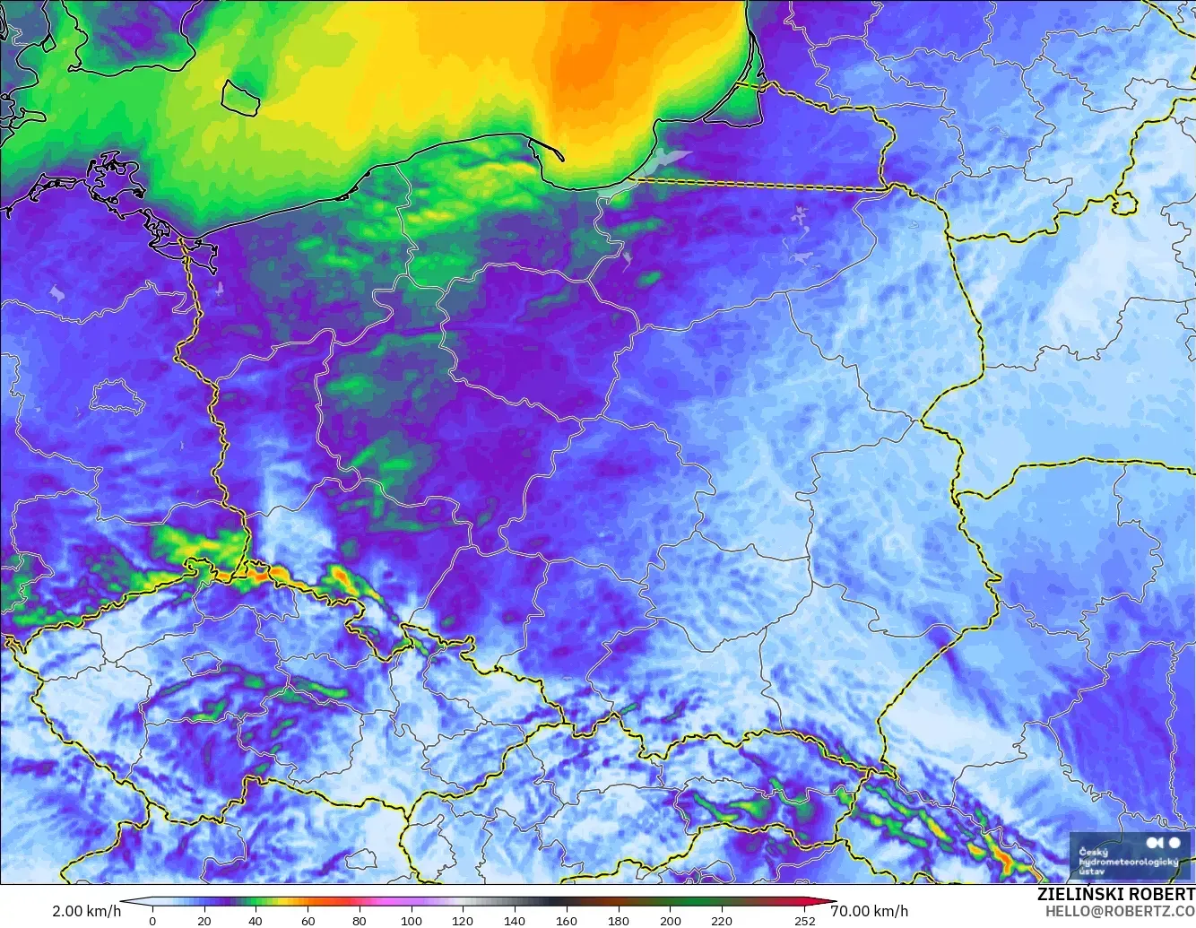ALADIN CZ 2.3 km modelo - Polonia, Ráfagas de viento