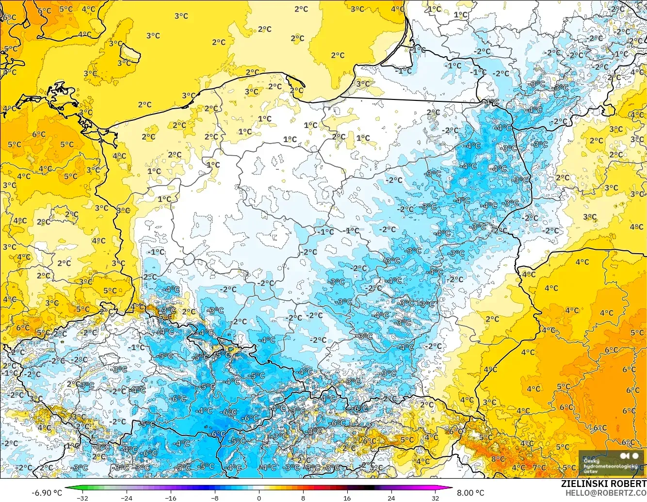 ALADIN CZ 2.3 km modelo - Polonia, Anomalía de temperatura a 2 m