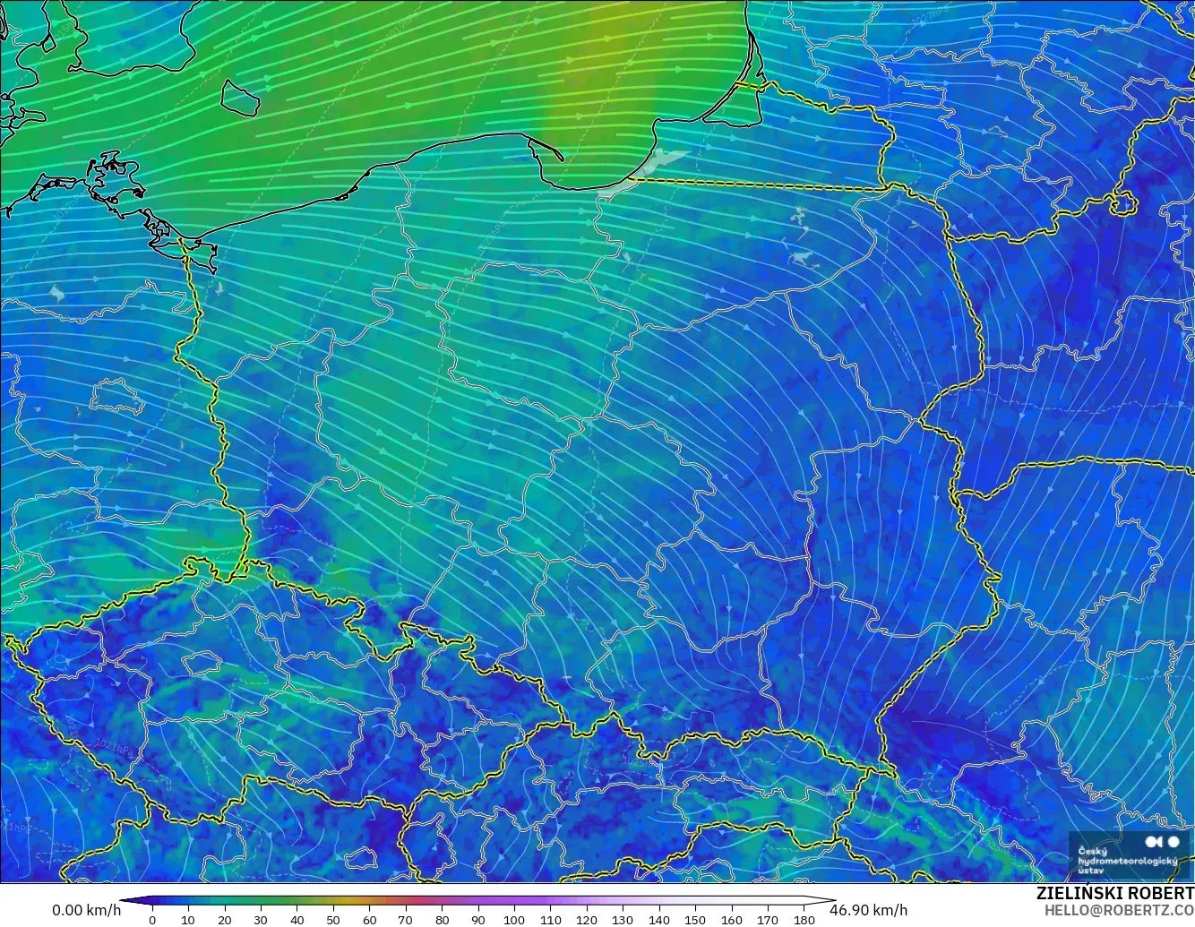 ALADIN CZ 2.3 km modelo - Polonia, Viento a 10 m