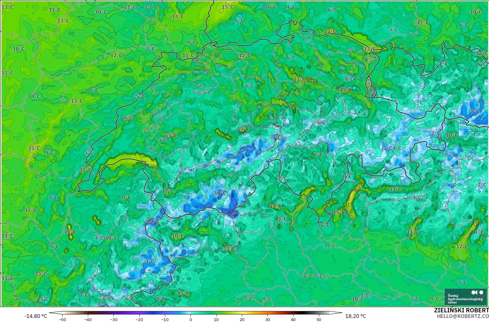 ALADIN CZ 2.3 km modelo - Suiza, Temperatura a 2 m