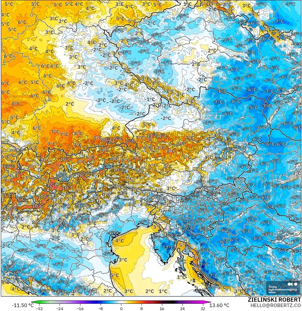 ALADIN CZ 2.3 km modelo - Austria, Anomalía de temperatura a 2 m