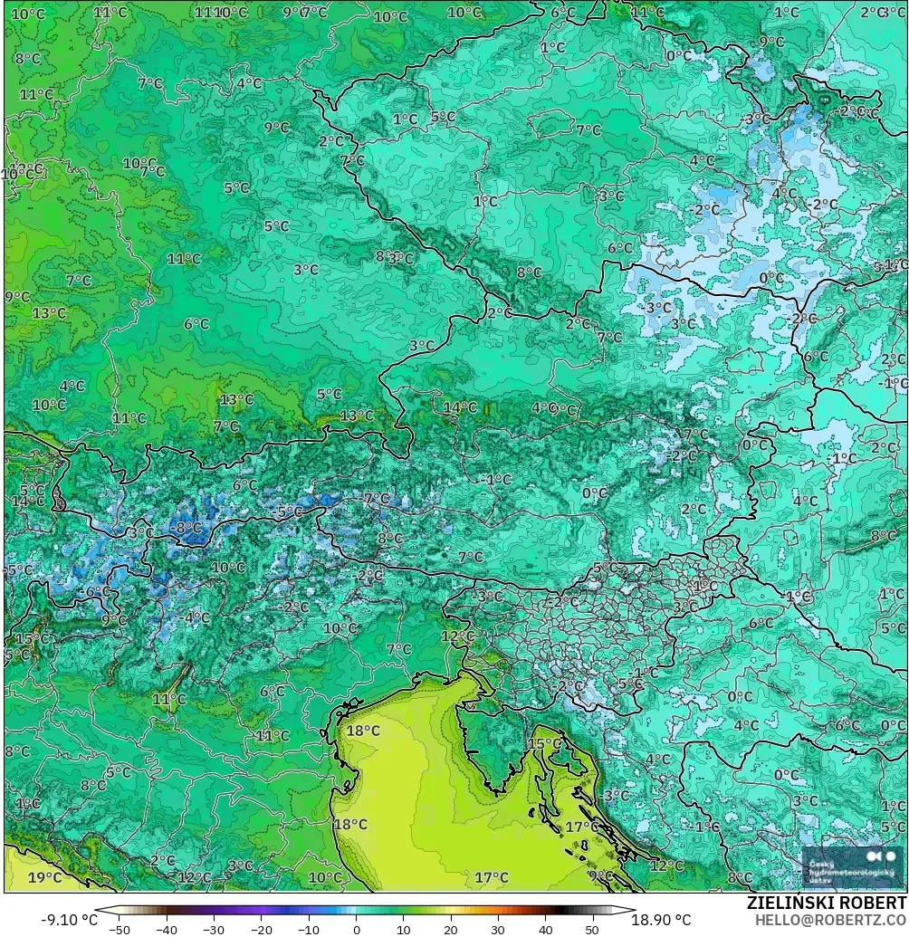 ALADIN CZ 2.3 km modelo - Austria, Temperatura a 2 m