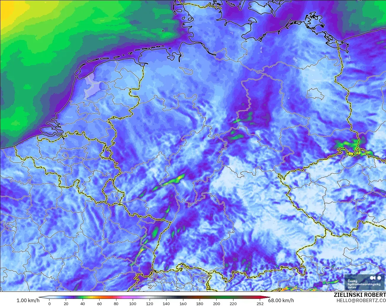 ALADIN CZ 2.3 km modelo - Alemania, Ráfagas de viento