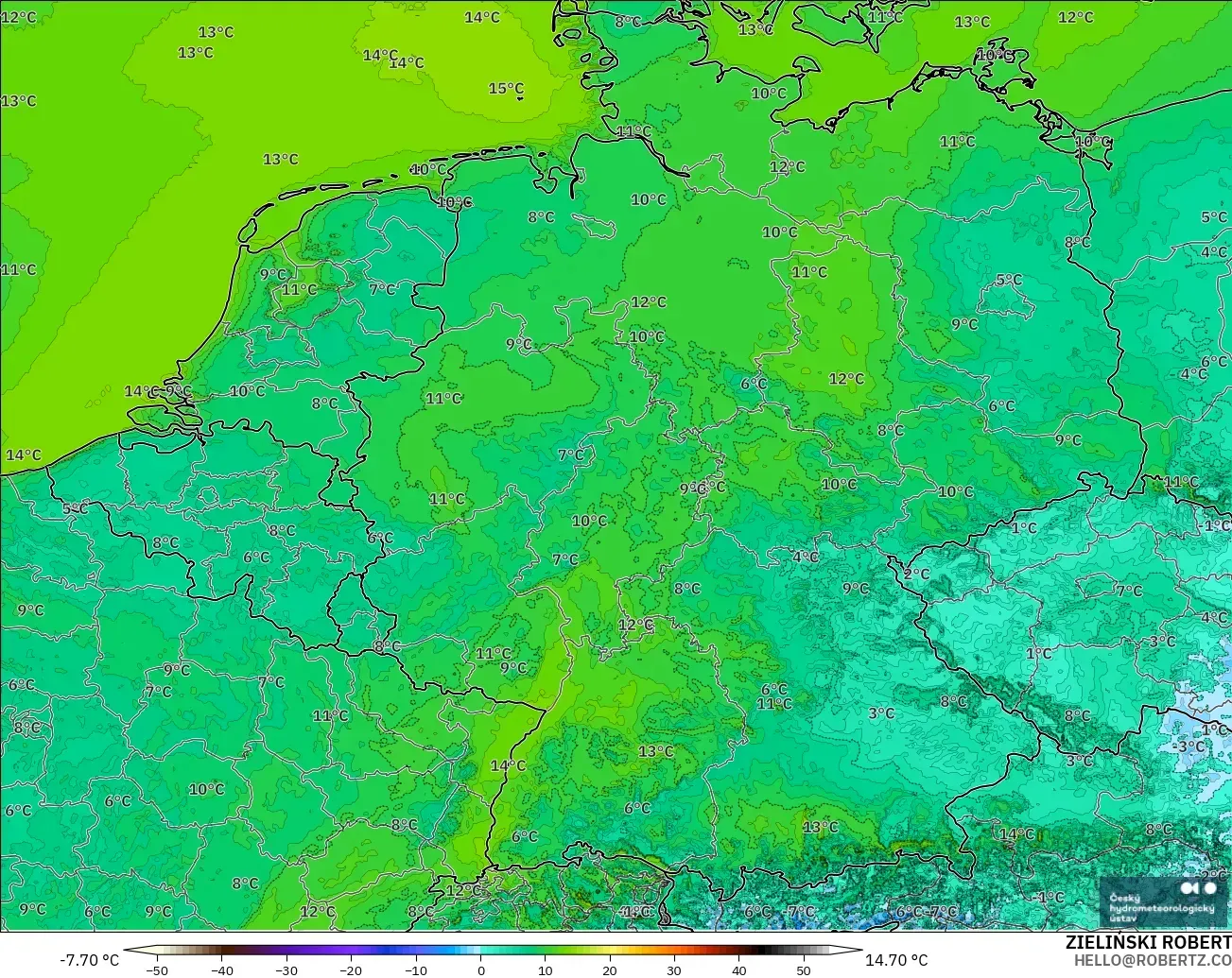 ALADIN CZ 2.3 km modelo - Alemania, Temperatura a 2 m