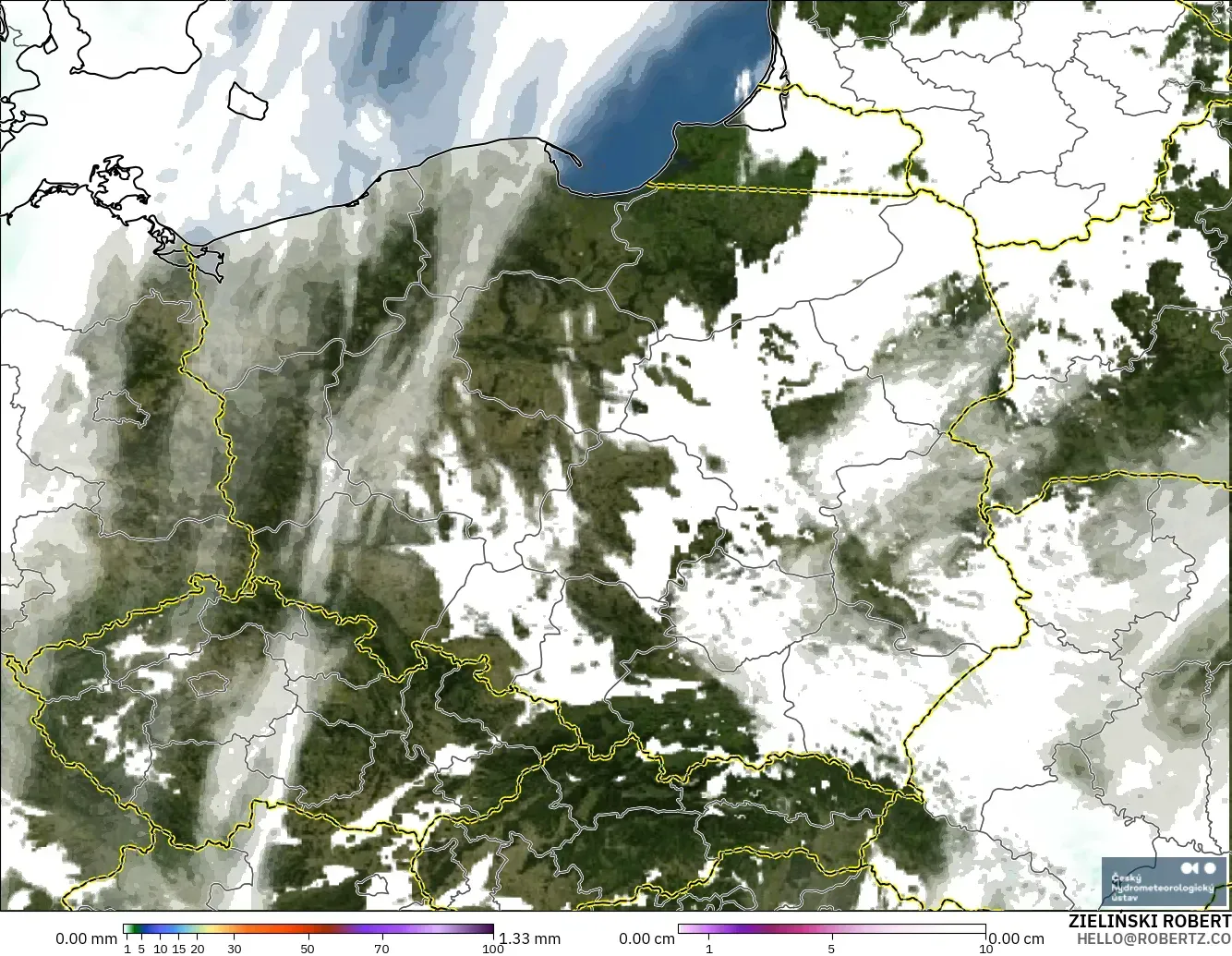 ALADIN CZ 2.3 km modelo - Polonia, Precipitación, nubes y presión