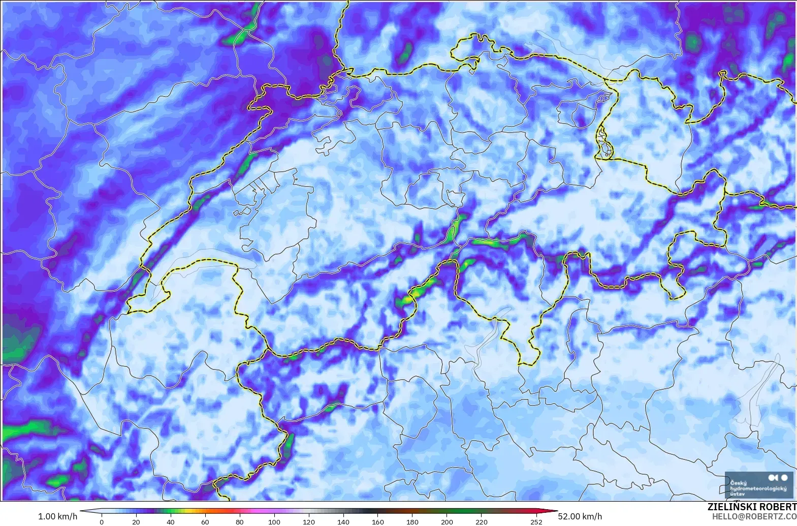 ALADIN CZ 2.3 km modelo - Suiza, Ráfagas de viento