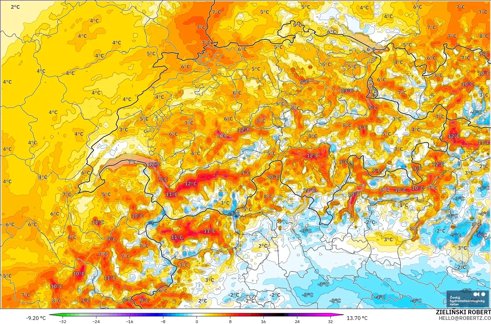 ALADIN CZ 2.3 km modelo - Suiza, Anomalía de temperatura a 2 m