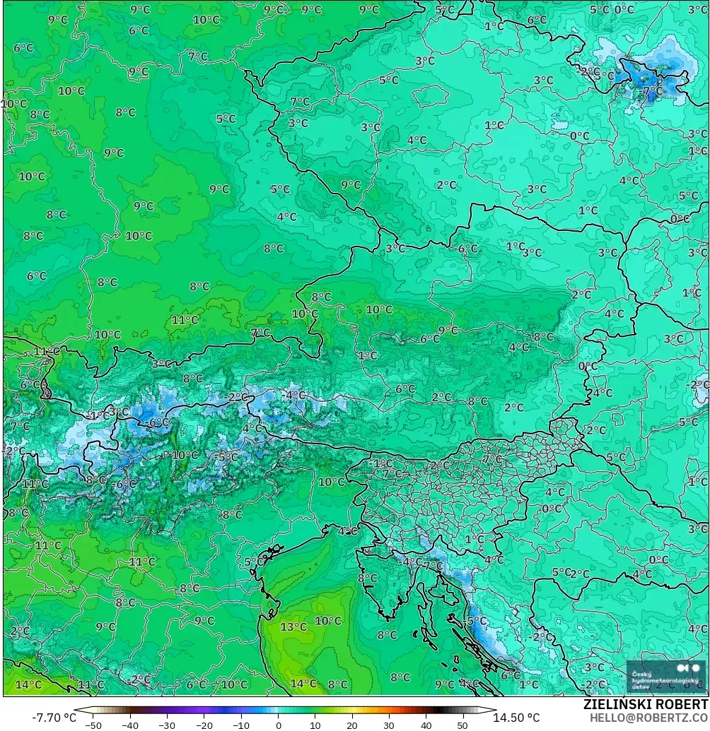 ALADIN CZ 2.3 km modelo - Austria, Punto de rocío a 2 m