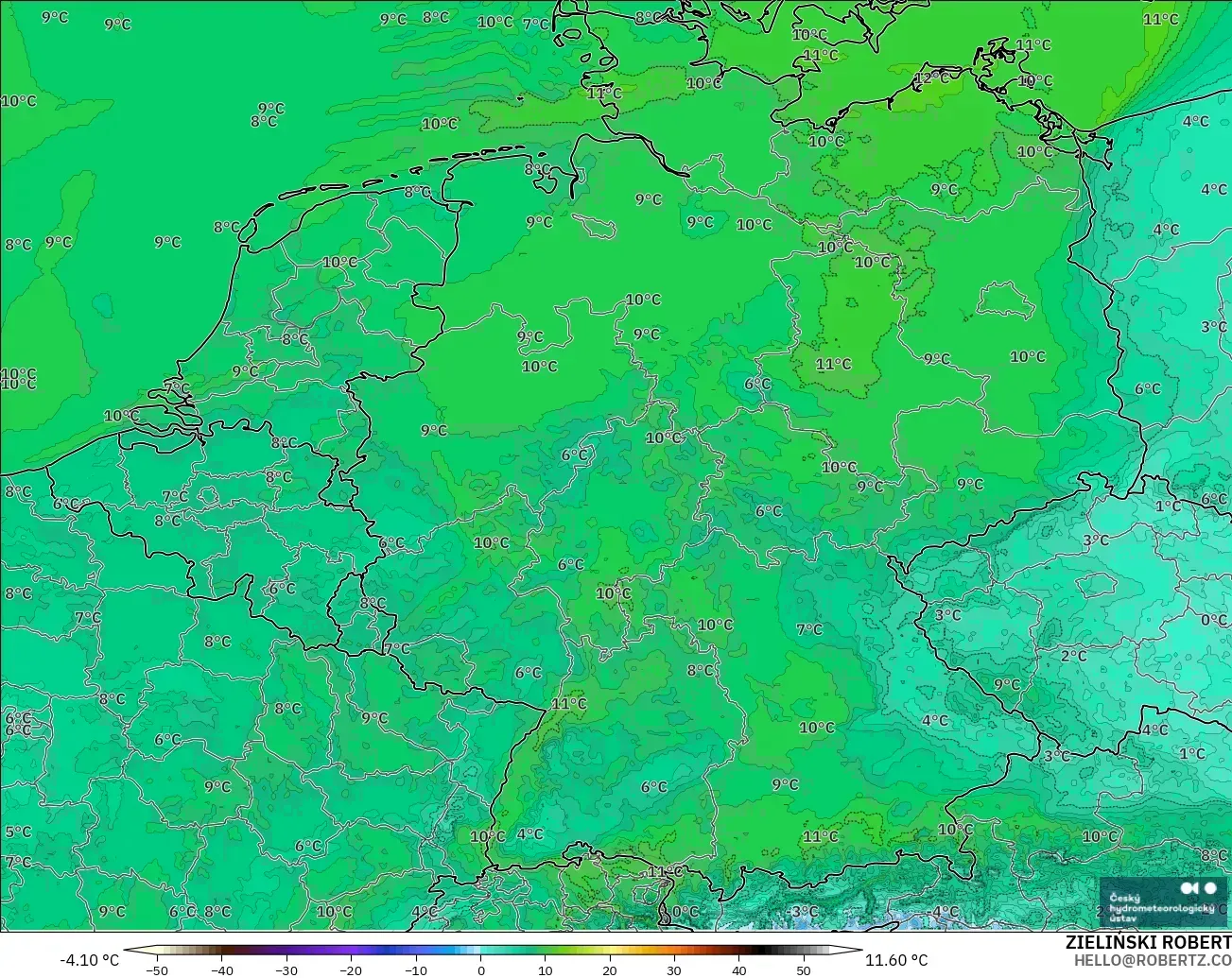 ALADIN CZ 2.3 km modelo - Alemania, Punto de rocío a 2 m