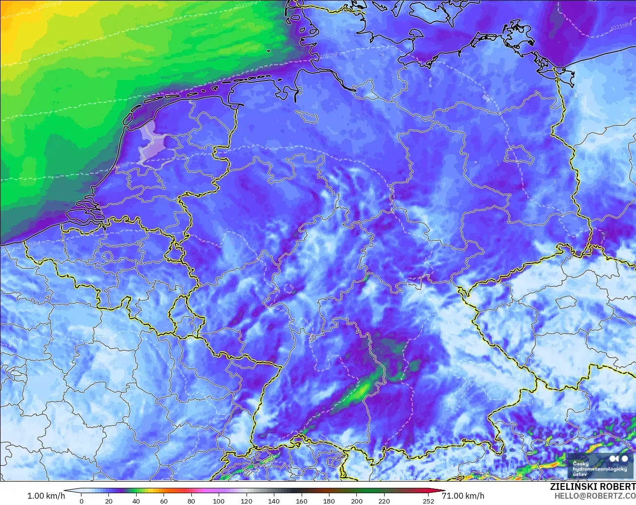 ALADIN CZ 2.3 km modelo - Alemania, Ráfagas de Viento Máximas