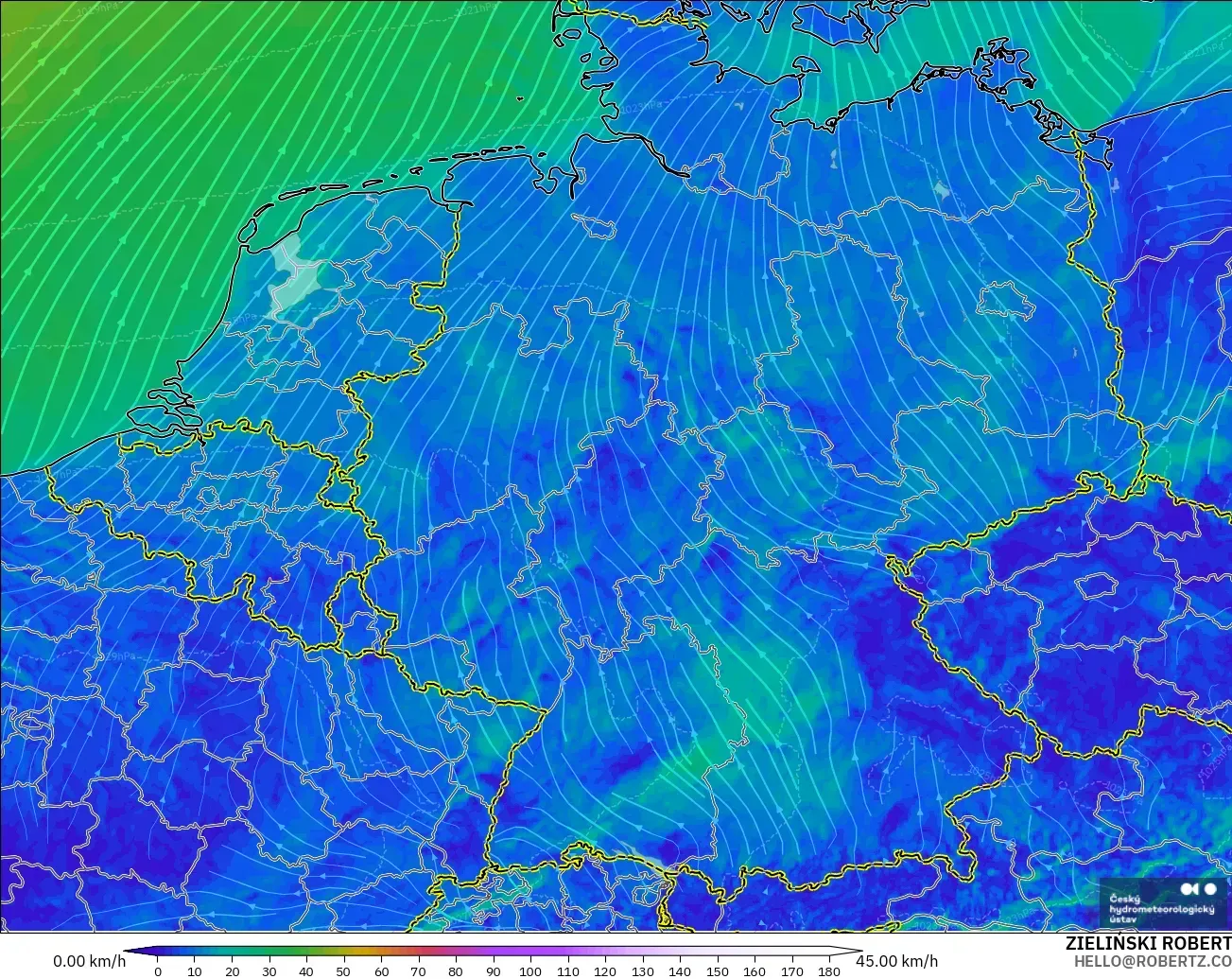ALADIN CZ 2.3 km modelo - Alemania, Viento a 10 m